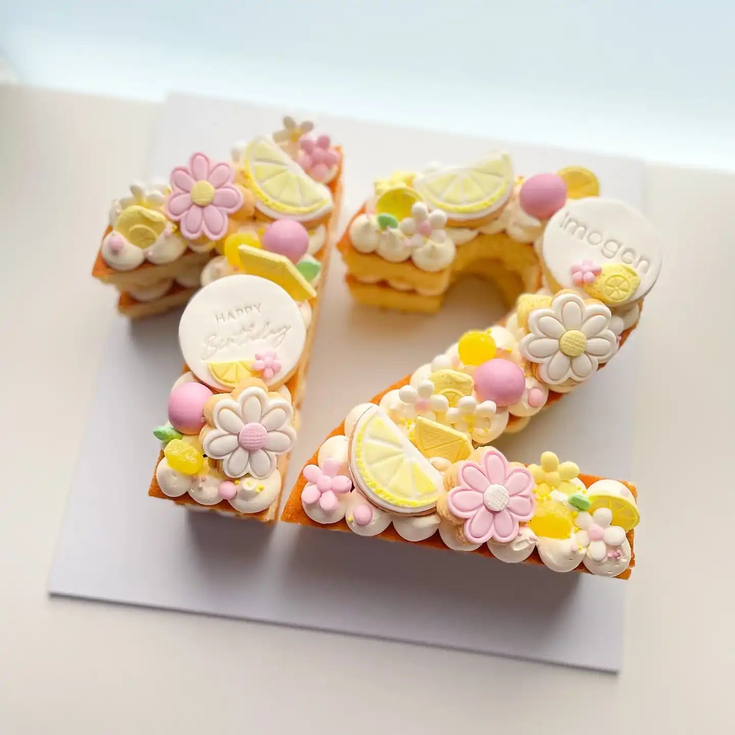 Number-shaped cake decorated with lemon slices and flowers.